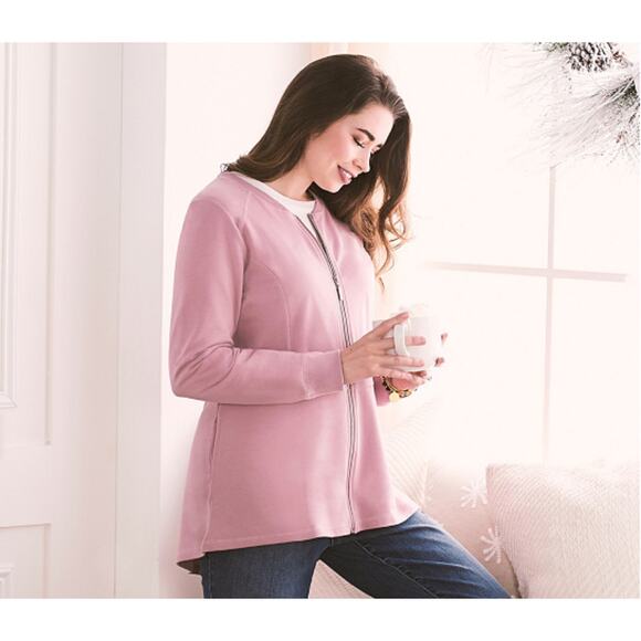 Denim & Co French Terry Knit Jacket XXS Rose Pink Zip Front Hi-Low NWOT - Picture 2 of 4